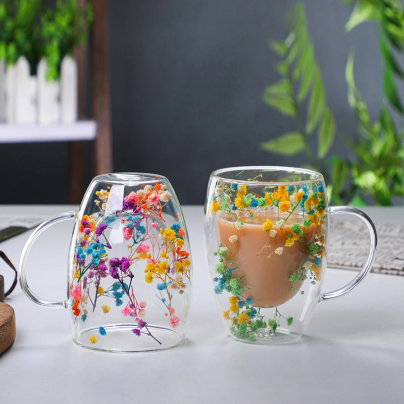 1/2/4pcs Fillings Dry Flowers Double Wall Glass Cup With Handle Heat Resistant Tea Coffee Cups Espresso Milk Mug Creative Gift