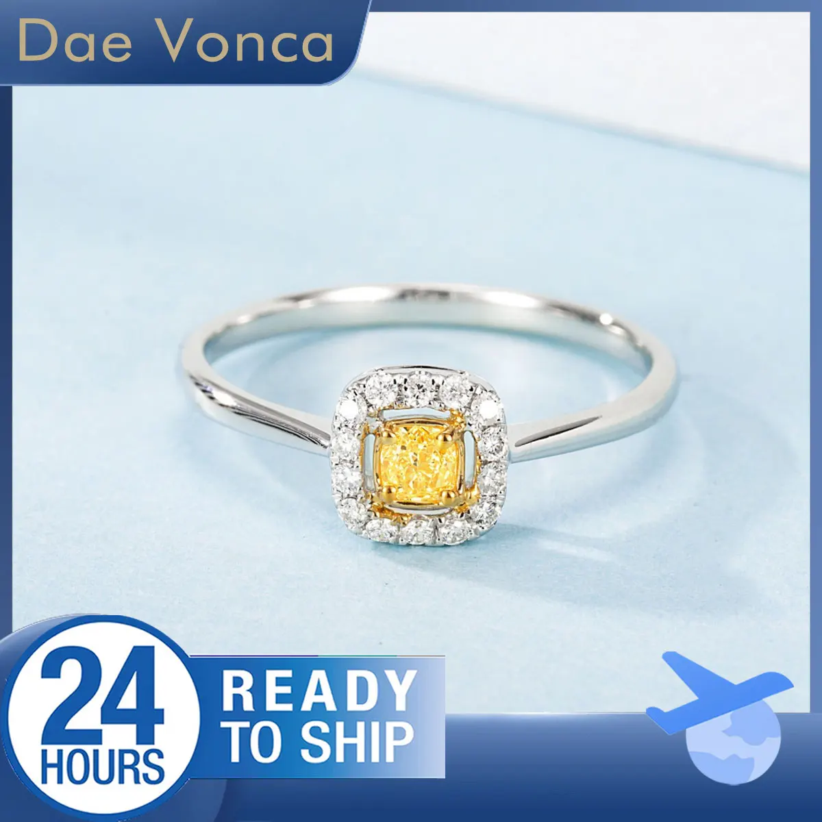 

Cushion Cut Yellow Diamond Ring In 18K White Gold Basket Set Natural Diamond Ring White Halo Genuine Diamond Ring For Engagement