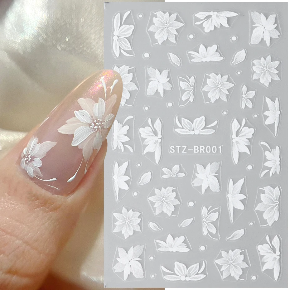 2pcs White Flower 3D Nail Sticker Elegant Petal Floral Adhesive Slider Wedding Design Cute Butterfly Daisy Nail Art Decal Decor