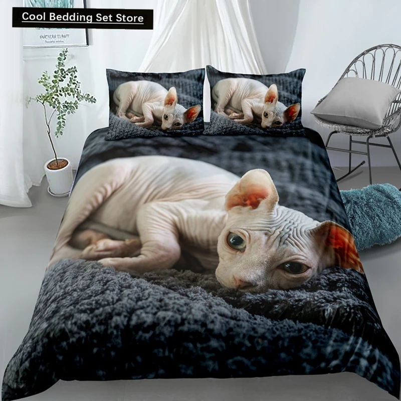 

Sphynx Cat King Queen Duvet Cover Lovely Pet Kitty Bedding Set for Kids Teens Adults Animal Grey 2/3pcs Polyester Quilt Cover