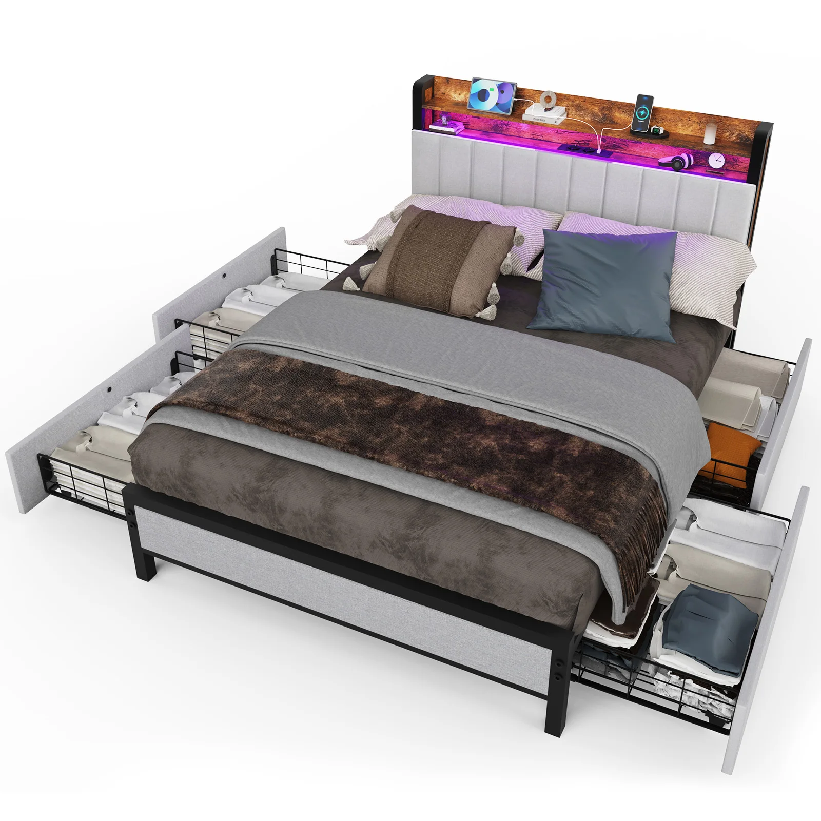 Polsterbett 140x200 cm,LED Doppelbett mit 4 Schubladen und Lattenrost,Kopfteil mit stauraum und