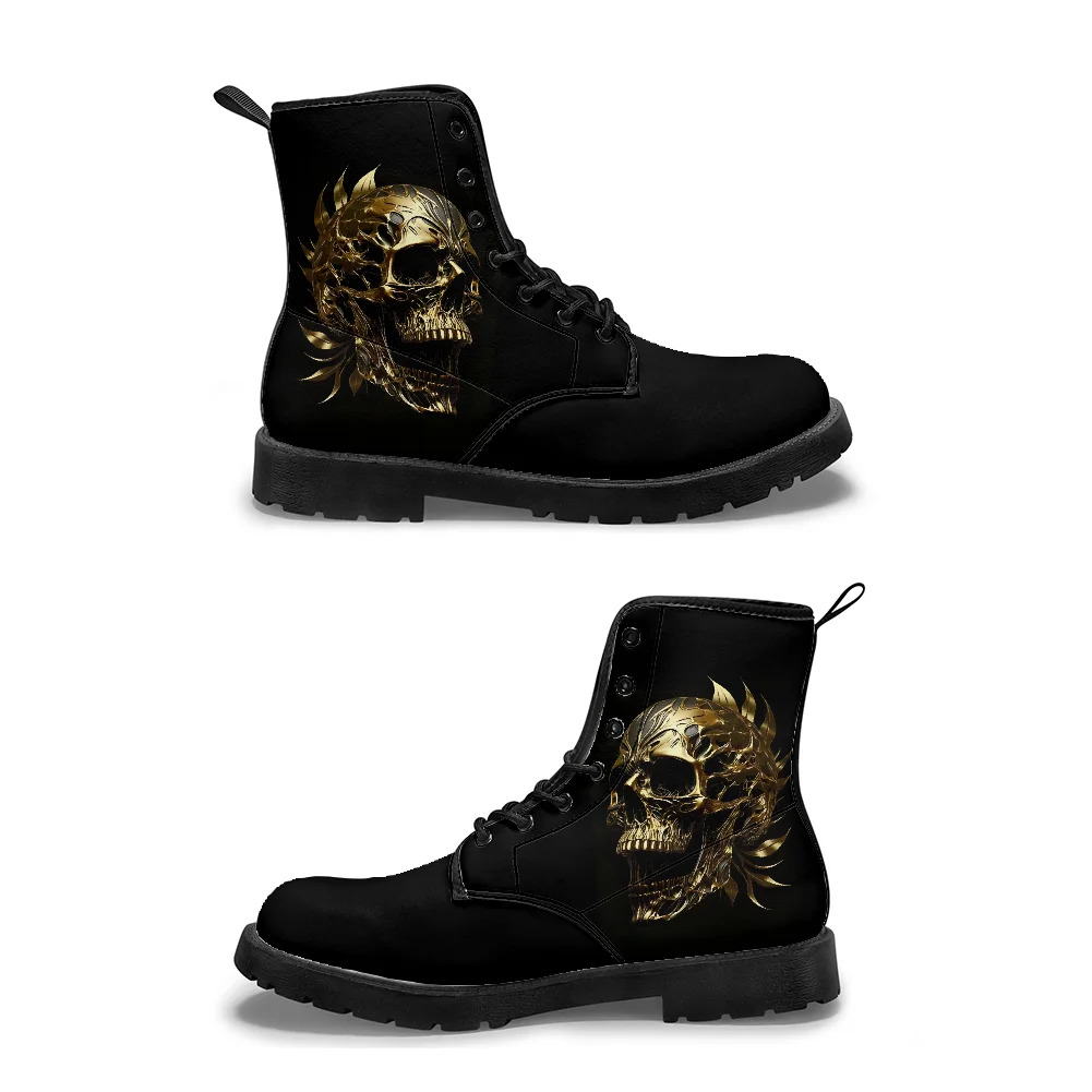 

Mid-calf boots with gold skull print casual and stylish street-style boot for men and women.