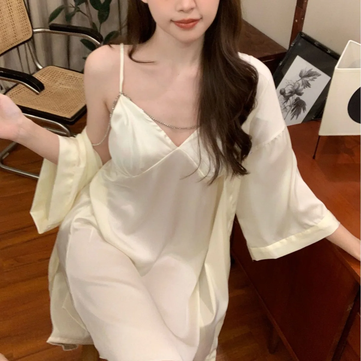 Sexy Women Loungewear Silk Pajama Bride's Robe Sets Temptation Ice Silk Comfortable Bathrobe Home Set