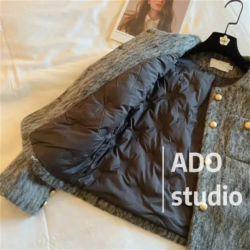 Temperament Gray Small Fragrant Spring Jacket With Down Linner Lining New Round Neck Single Breasted Short Top For Autumn 2024