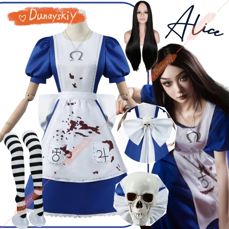 

Alice Cosplay Costume Game Alice Madness Returns Women Halloween Necklace Blue White Lolita Dress Female