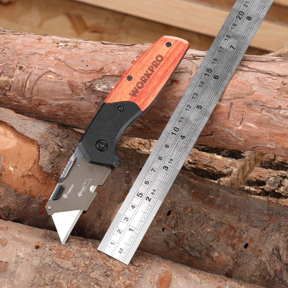 WORKPRO Wood Hand Quick Release Folding Utility Knife with Extra 10 Blades for Paper Cutter Camping DIY Hand Tools