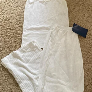 Ilhó branco tanque calça casa conjunto mulher arco fino colheita superior + elástico de cintura alta calças retas verão algodão pijama 2 peça conjuntos 8 principais vendas conjunto branco calça e cropped - №1