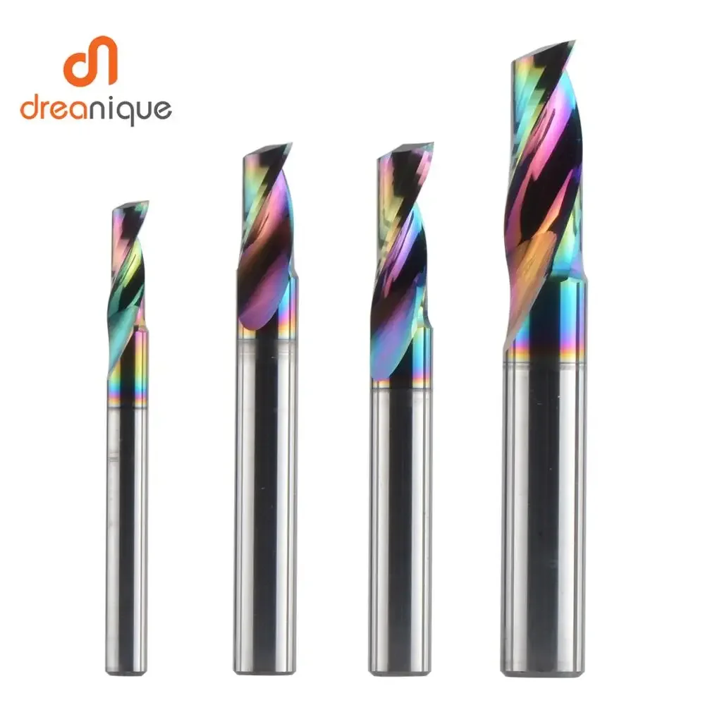 Dreanique 1pc 3.175 4 6 8mm CNC Single Flute Solid Tungsten Carbide Alloy End Mill, DLC Coating Milling Cutter for Aluminium