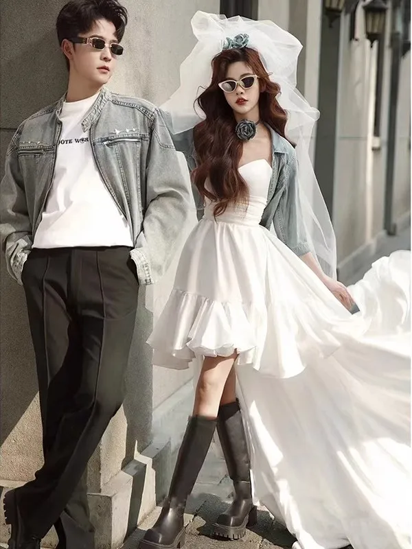 

Simple White Bridal Gown Vintage Style Wedding Dress for Small Stature Brides Greeting Guest out Door Long Skirt Long Dress