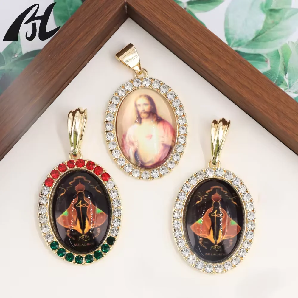 

Catholic MILAGROS Blessed by the Virgin Mary Jesus Oval Christian pendant prayer necklace jewelry