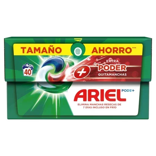ARIEL PODS Todo en 1 Detergente Lavadora Líquido en Cápsulas/Pastillas, 40 Lavados, Más Poder Extra