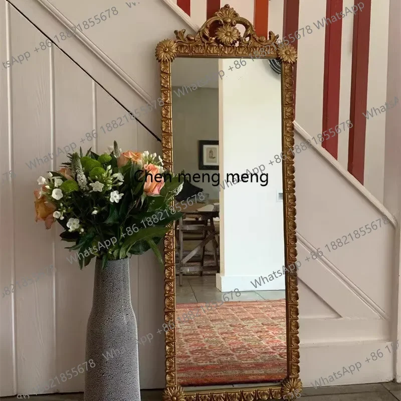 M132 French retro floor-to-ceiling full-length mirror living room solid wood carving flower full-length mirror lace mirror