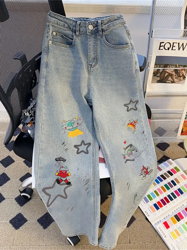 

American Sle fiti Print High Waist Jeans ex Summer Vintage Loose Straight Leg Wide Leg Pants for Men And Women