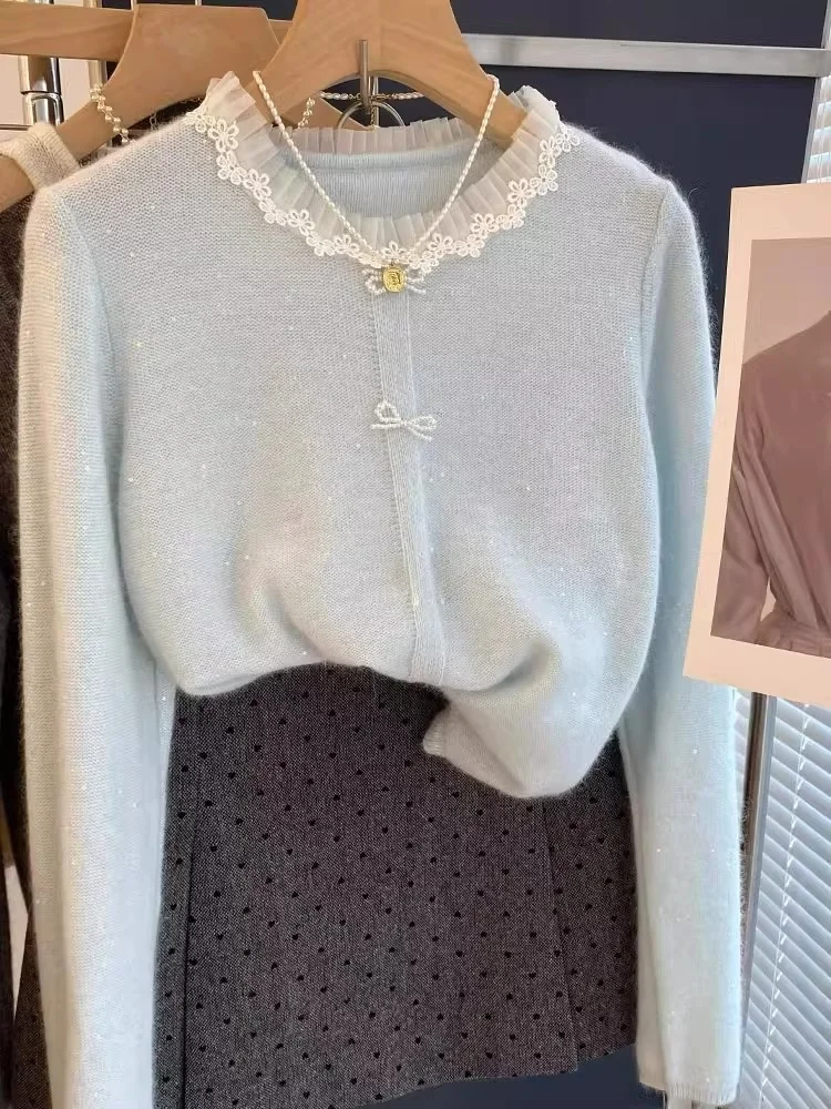 

Вязаный кардиган Ele Long Sve с кружевной отделкой и узлами, зимняя верхняя одежда для женщин, тренд омолаживающего стиля