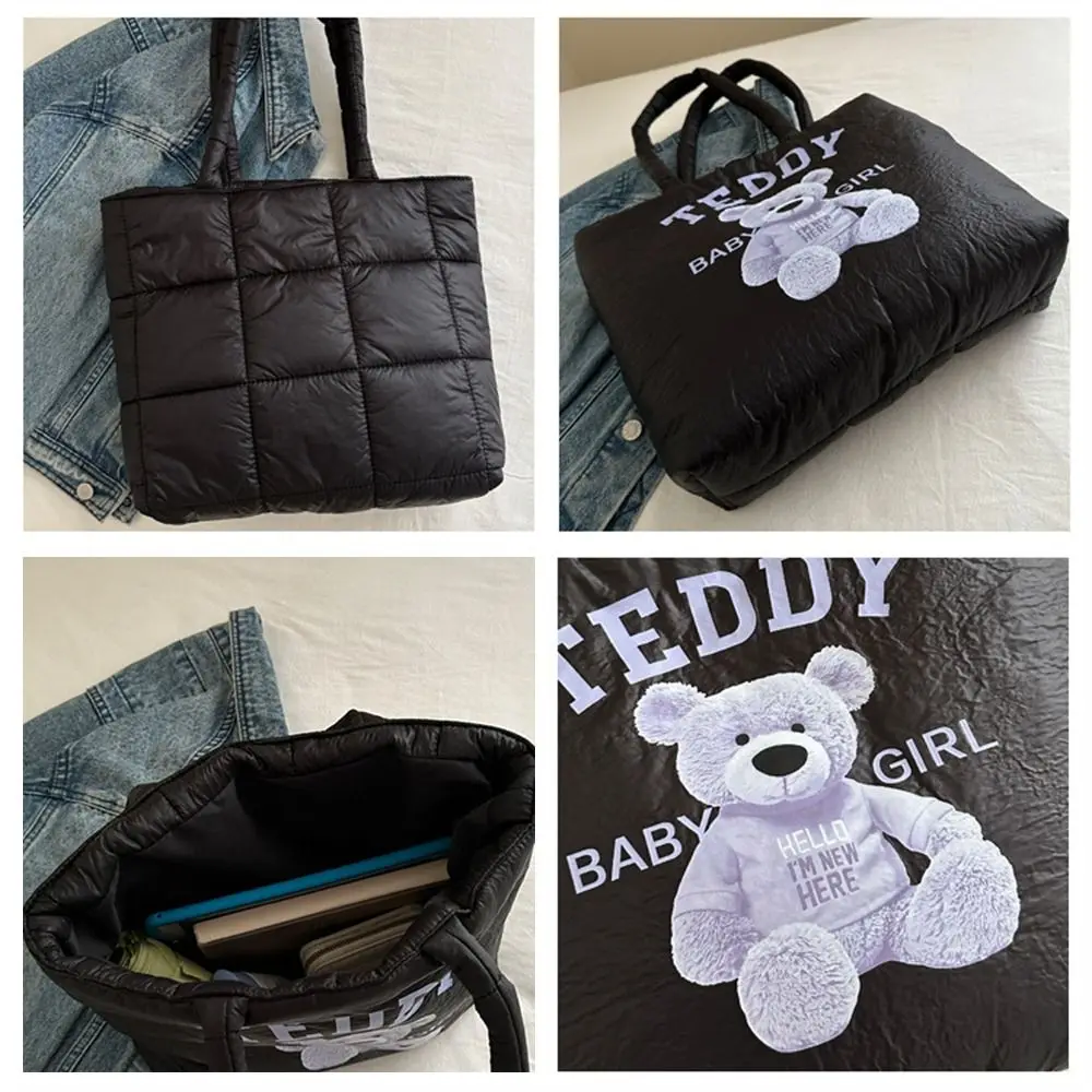 Casual Down Cotton Padded Shoulder Bags Lightweight Large Capacity Quilted Totes Cute Cartoon Shopping Bag for Women Girls