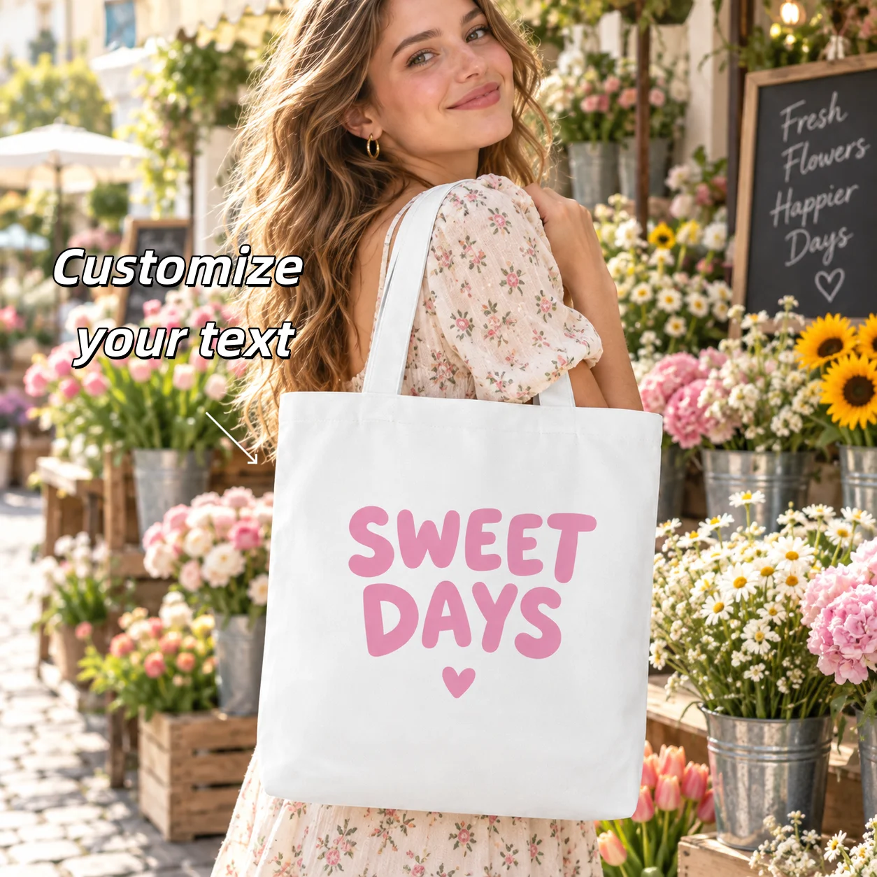Text Custom White Canvas Tote Bag Partial Double Sided Print Reusable Shopping Bag for Daily Outing Grocery Travel Gym