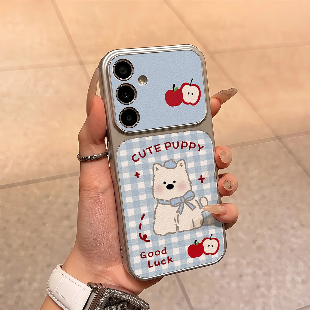 Blue Plaid Puppy Pattern Phone Case For Samsung A57 A27 A56 A16 A36 A37 A17 A07 A26 S24 S25 S26 Ultra Leather Soft Lanyard Cover view 6