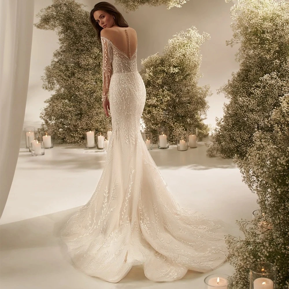 Customized Luxury Beading Organza Wedding Dresses Sexy Sweetheart Long Sleeves Robe de mariée Mermaid Court Train Bridal Gown