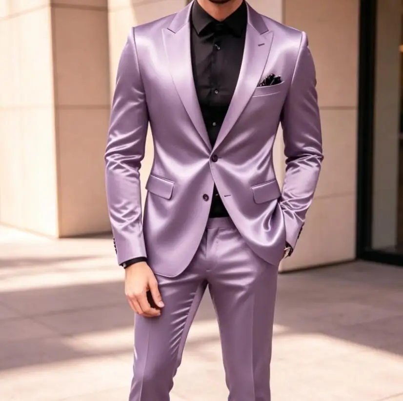 New Designal Lavender Satin Men Suits Party Prom Special Business Groom Groomsman Wedding Male Tuxedos 2 Piece Sets Blazer Pants
