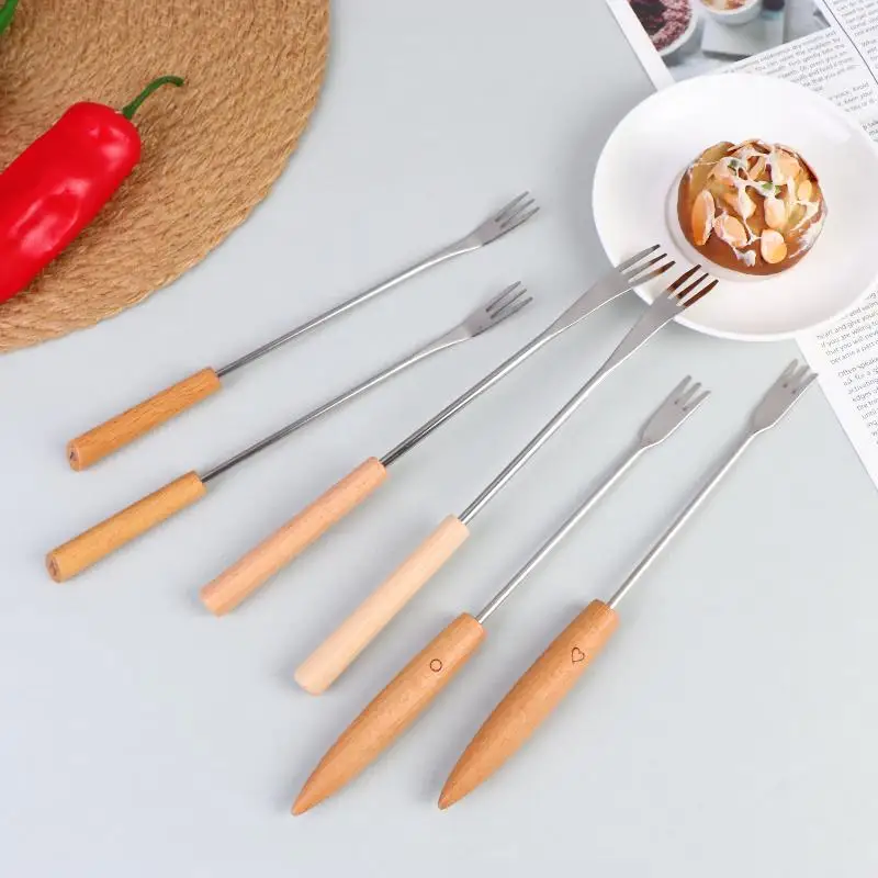 ¡OFERTA! Juego de 6 tenedores para fondue y asado, con muddler, tenedores reutilizables para frutas, tenedor para barbacoa, de madera y acero inoxidable, para cócteles