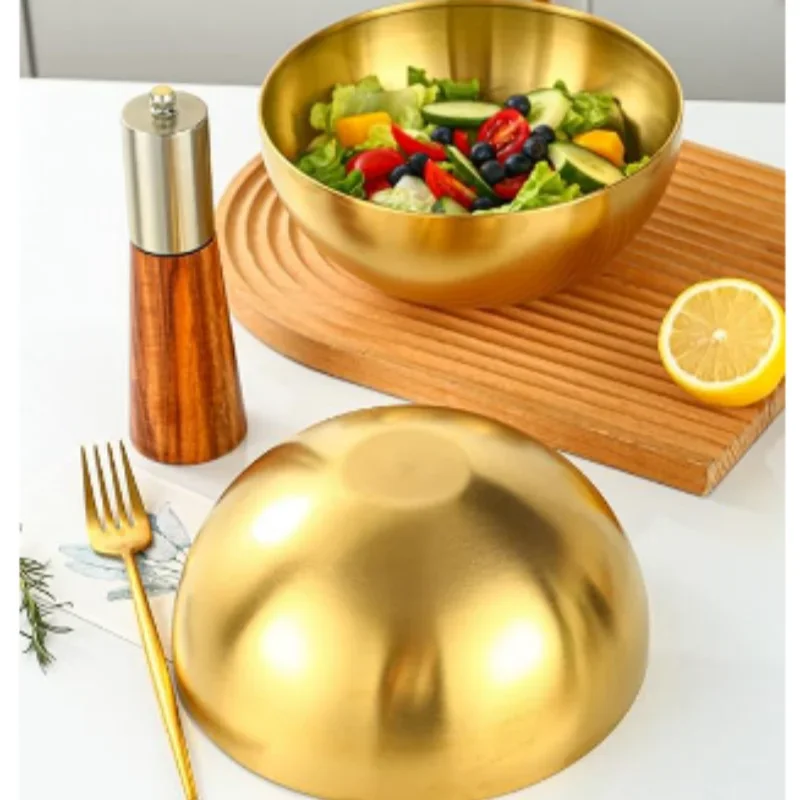 

304 Golden Stainless Steel Fruit Salad Bowls Large Capacity Korean Style Food Container Soup Rice Noodle Kitchen Tableware