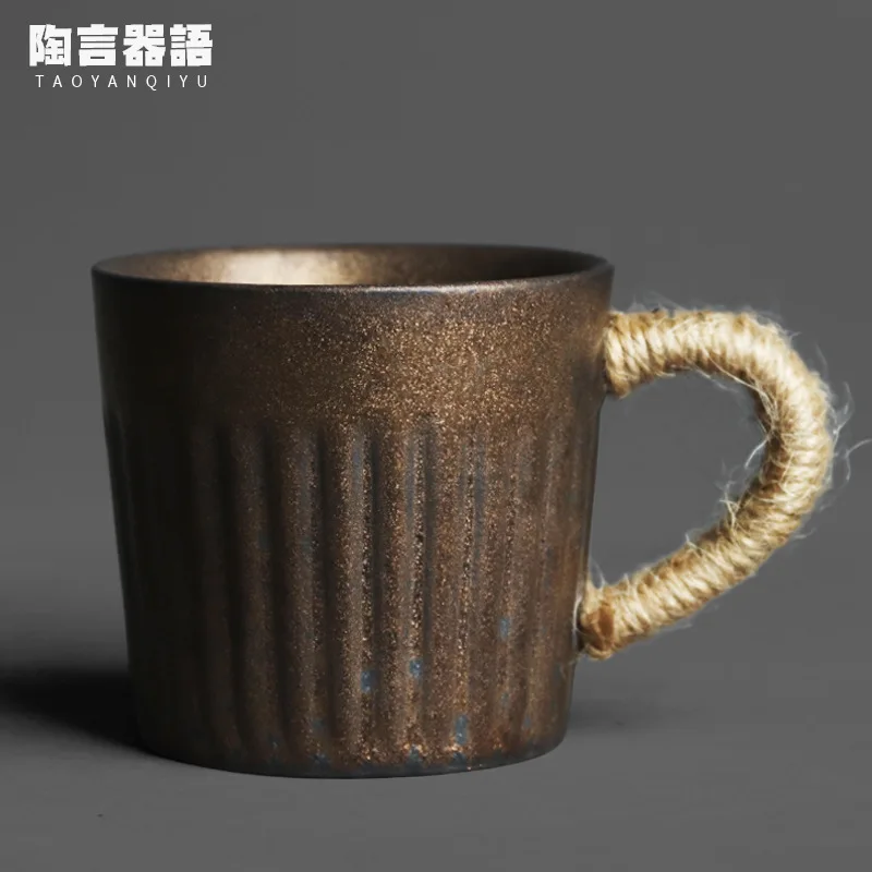 Japanese Kiln Roast Black Gold Straight Handle Coffee Cup Handmade Vintage Pottery Home Office Tea Milk Wine Cup