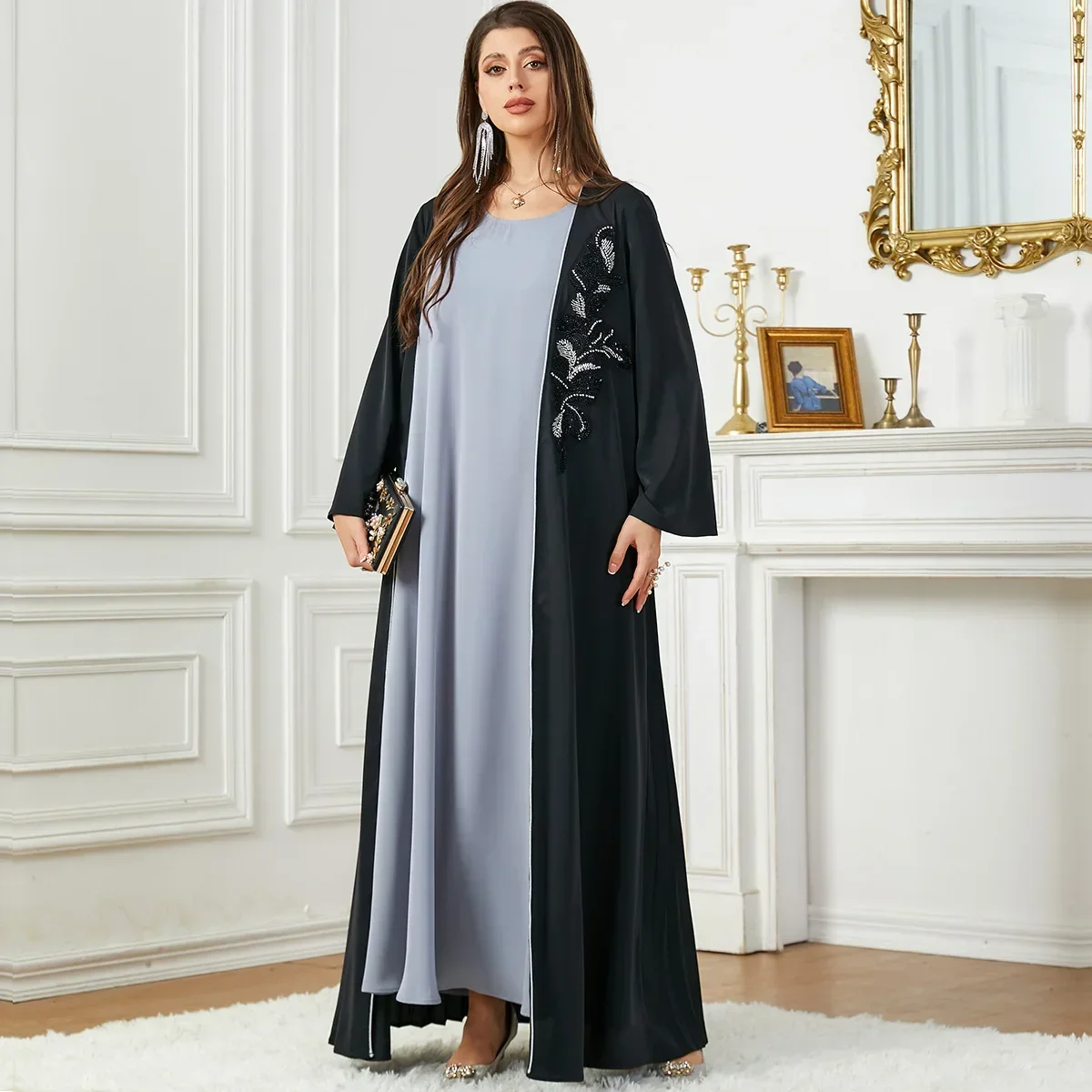 Imagem -02 - Robe de Cardigan Árabe do Oriente Médio Feminino Dubai Abaya Vestido Casual Preto de Manga Comprida Roupa Solta Moda Outono