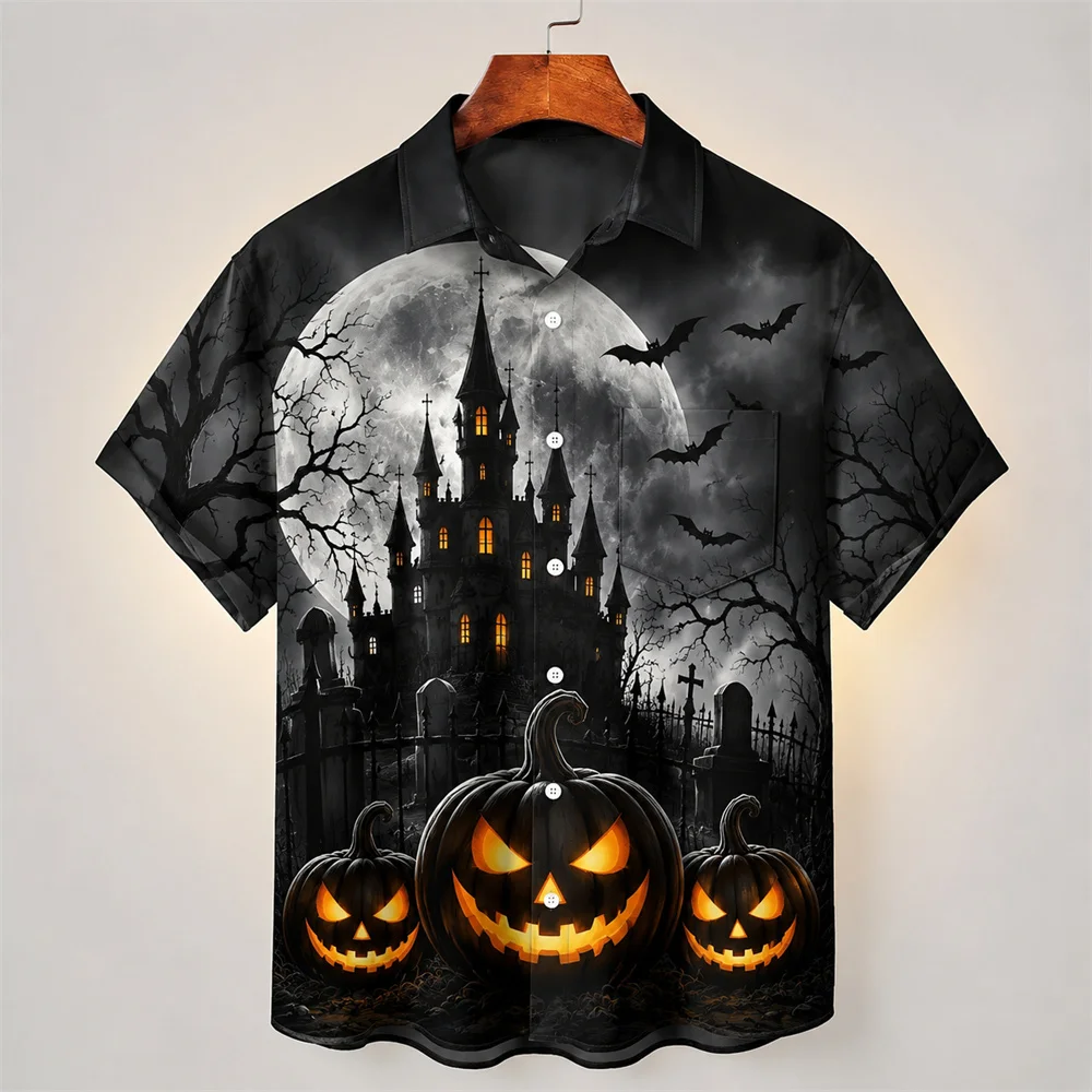 Halloween Jack O Lantern Shirt For Men 3D Horror Ghost Print Short Sleeve Shirt Haunted House Gothic Halloween Party Costume Top