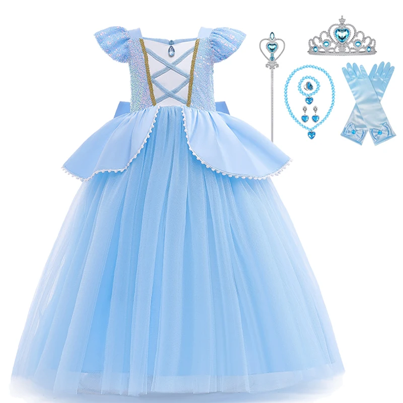 سندريلا تأثيري حلي الاطفال ملابس للفتيات الترتر فستان الأميرة مع قفازات التاج حفلة عيد ميلاد الكرة ثوب 2-10 سنوات #2