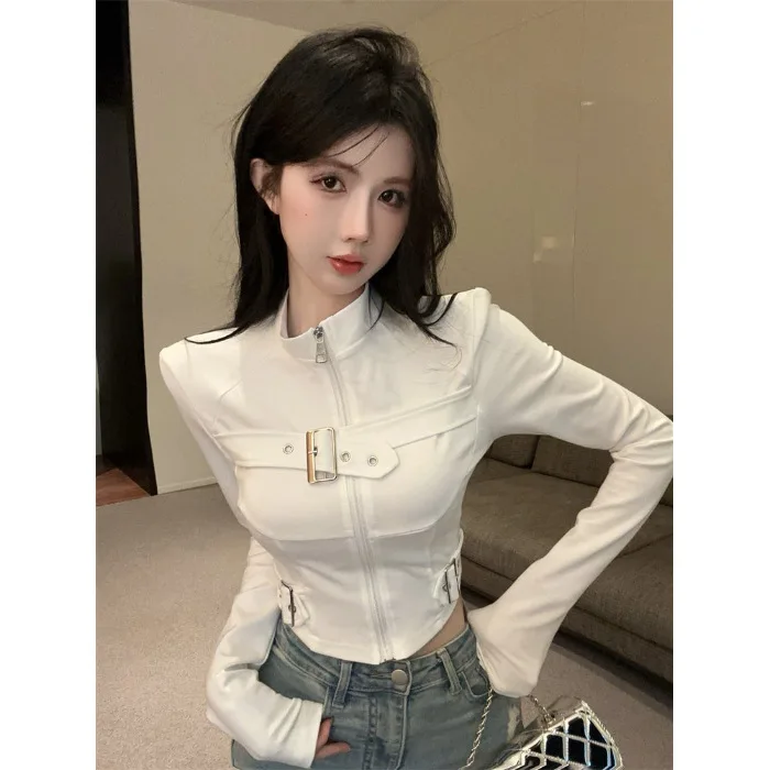 WL 2026 Hong Kong Style Trendy Cropped Jacket for Women, Spring Autumn Fashion Slim Waist Cinched Short High Waist Outerwear