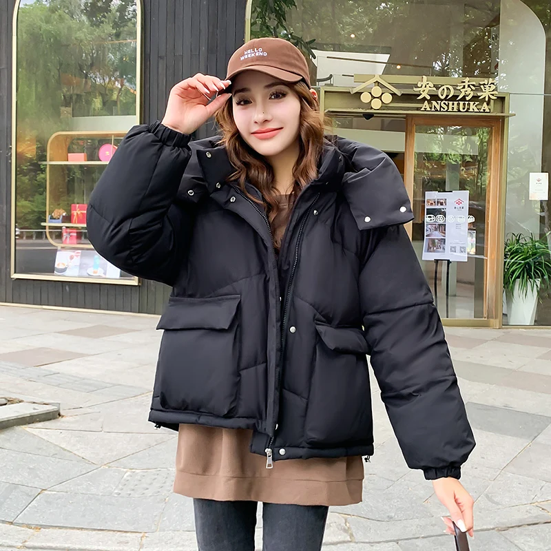 Women's Zipper Loose All Match Cotton Coat Ladies Autumn Winter Stand Collar Solid Color Parka Big Pocket Button Jacket Parkas