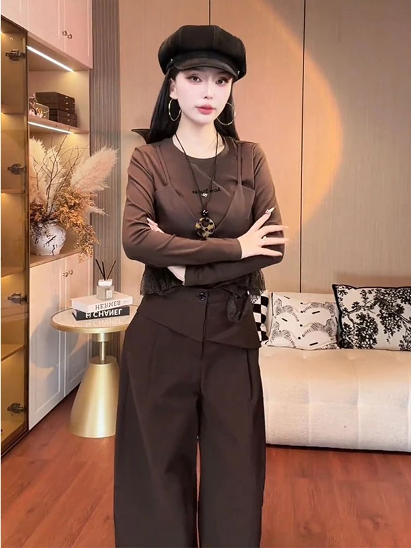 Korean Style Fashion Set Women's Long Sleeve Lace Patchwork Wide Leg Pants Two Piece Suit Autumn New Arrival Casual Wear
