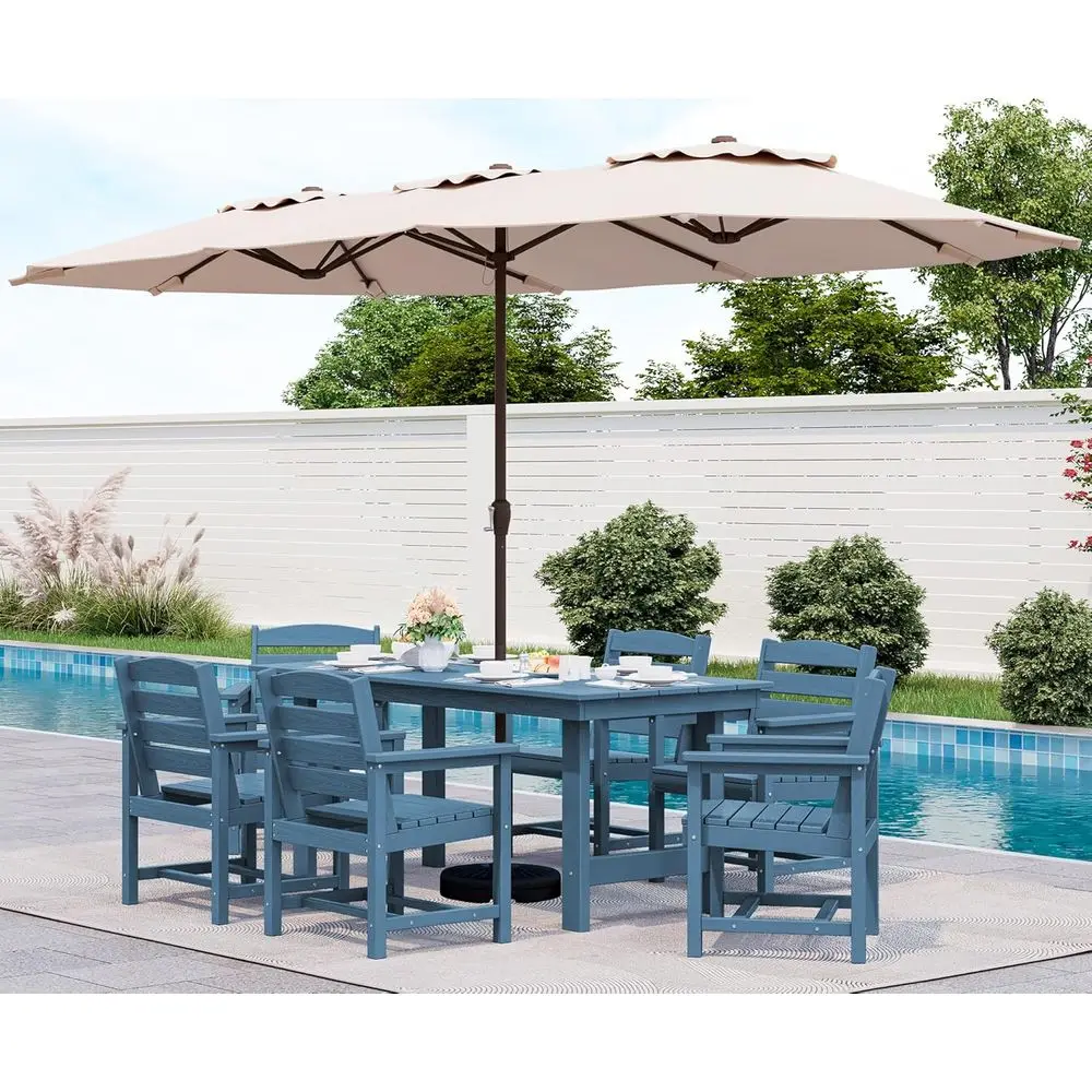 

8-Piece Patio Dining Sets with 15T Double Side Patio Umbrella, Outdoor HDPE Dining urniture Set with Umbrella Hole Cut-Out Table