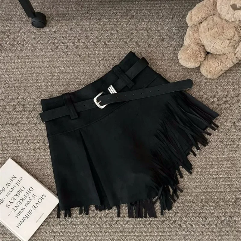 秋と冬の女性用ハイウエストショートスカートフリンジ付きイレギュラースエードAラインスカート