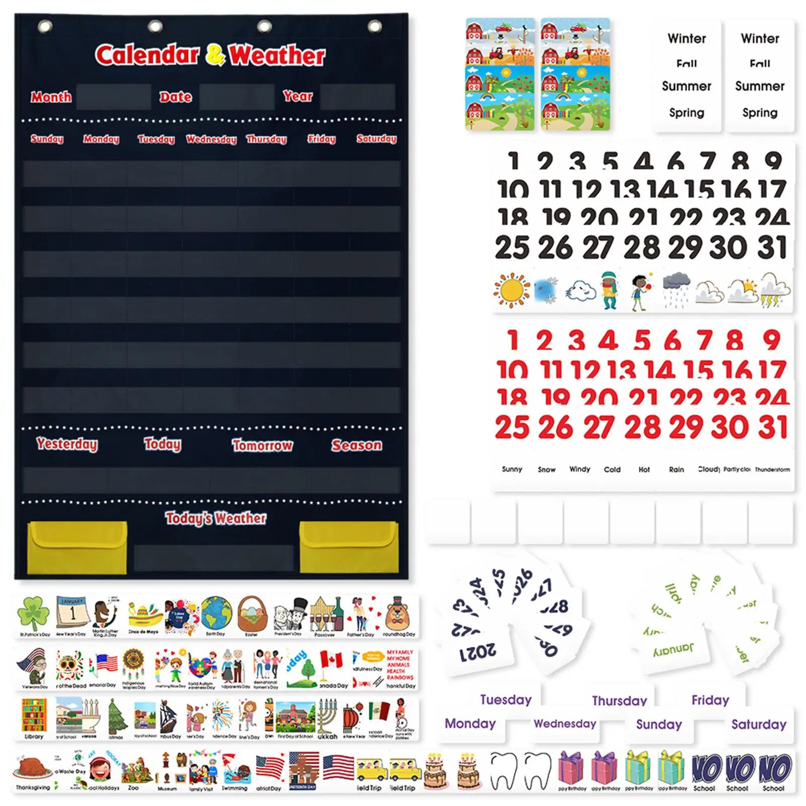 Calendar and Weather Pocket Chart for Kids Learning Cards with 142 Pieces Homeschool Classroom Educational Toy