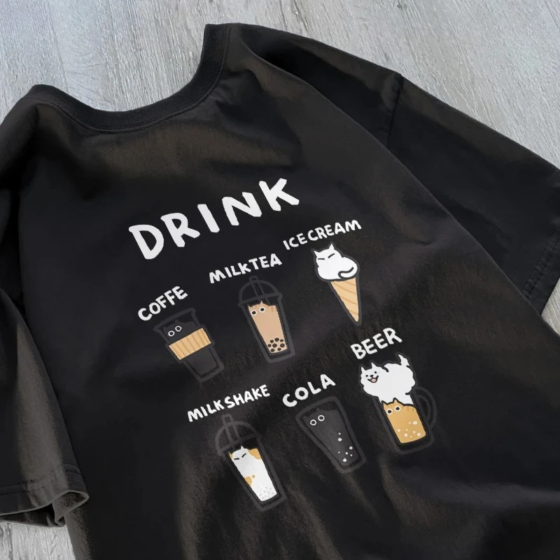 Creative Cat Drink T-shirt Design for Men and Women Cat Drink Original Couple T-shirt Summer Short Sleeve Loose Women Clothing