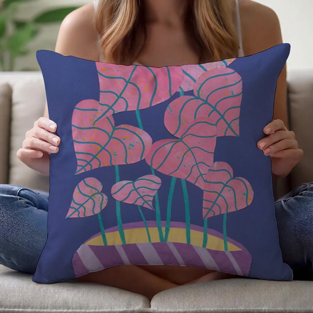 1pc Pink Plant Leaf Print Throw Pillow Cover Double Sided Polyester Cushion Case 16x16 18x18 20x20 Inch Sofa Bed Decor