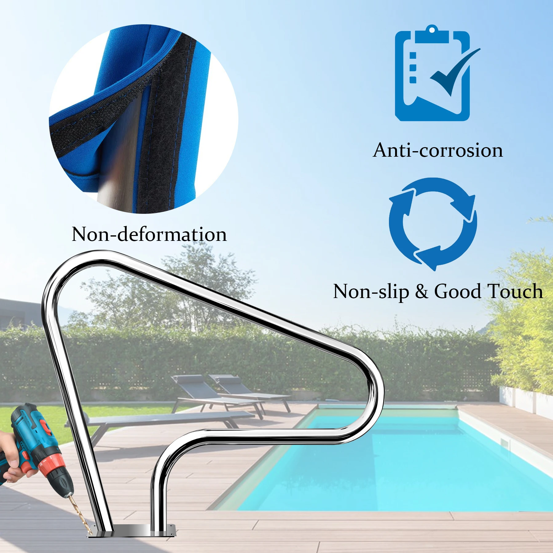 Pool Handrail, Stainless Steel Swimming Pool Hand Rail Stair Rail Ladder Step Hand Grab Rail Pool Railings for Inground Pools