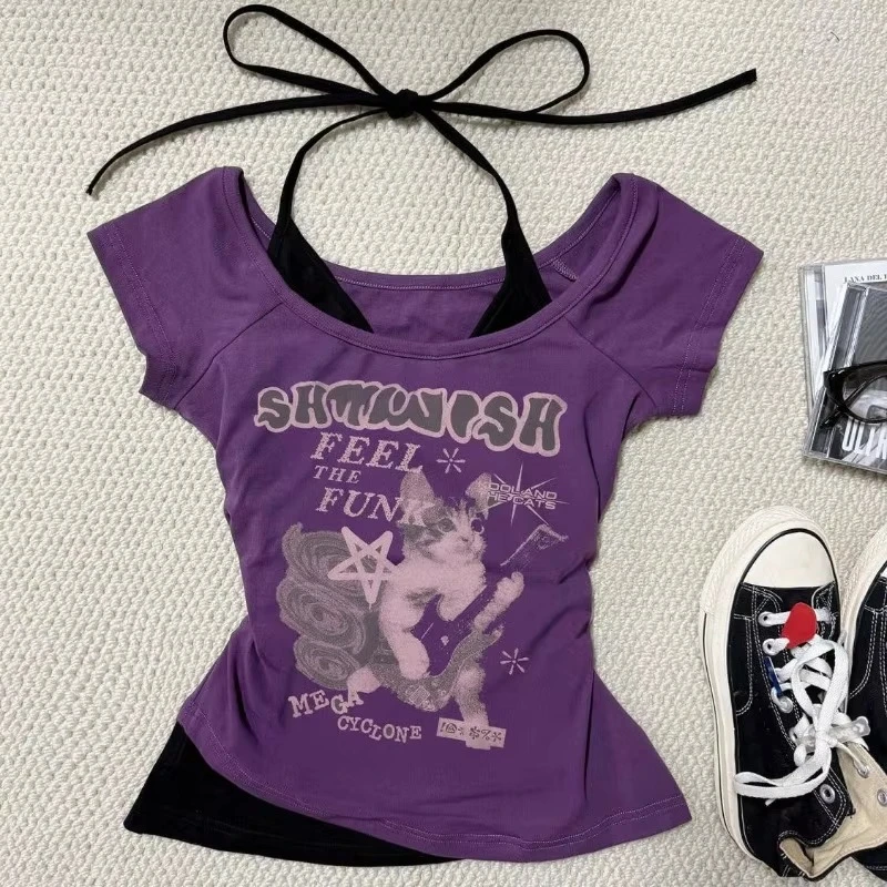 Vintage Clothes Women Print Sexy Punk Streetwear Slim Femme Tees Shirt Gothic Casual Grunge T Shirts 2000s Emo Y2k Crop Top