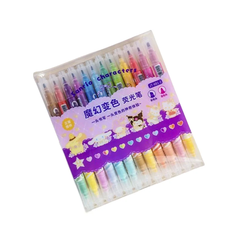 12pcs Sanrio Kuromi Melody Hellokitty Highlighter Marker Pen Double Headed Changing Multicolor Graffiti Pen Students Stationery