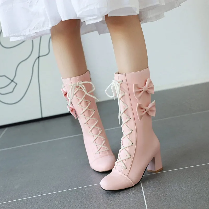 Autumn Winter Girls Boots Sweet Bow Mid Boots High Heel Lace Women\'s Boots Pink Lolita Student Snow Boots Girls Party Shoes30-43