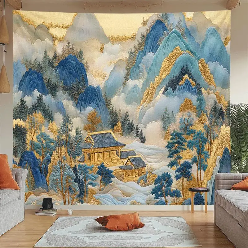 Vintage Chinese Landscape Tapestry Wall Hanging Polyester Mural Asia Pagoda Mountain Feng Shui Art Home Living Room Decoration D