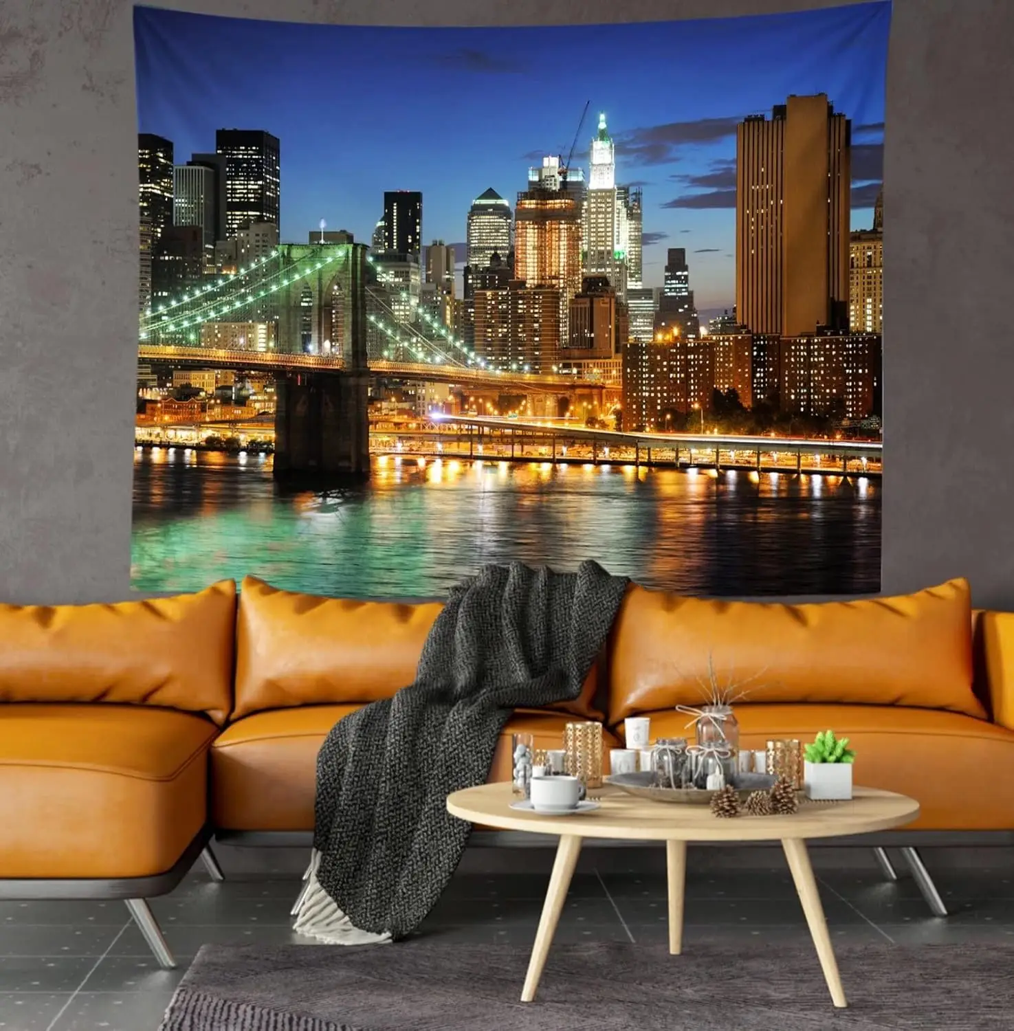 Tapiz de ciudad de Nueva York, 80 "x 60", puente de Brooklyn, Manhattan, cielo nocturno, río, tapiz de pared, rascacielos urbano de Nueva York, colgante de pared