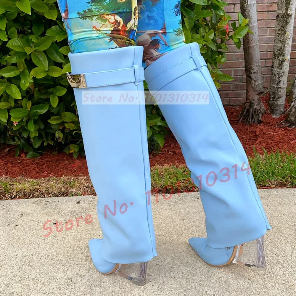 Transparent Wedge Knee-high Boots Women Pointy Toe Winter Fashion Metal Decor Foldover Shoes Ladies Streetwear Clear Heel Boots view 2