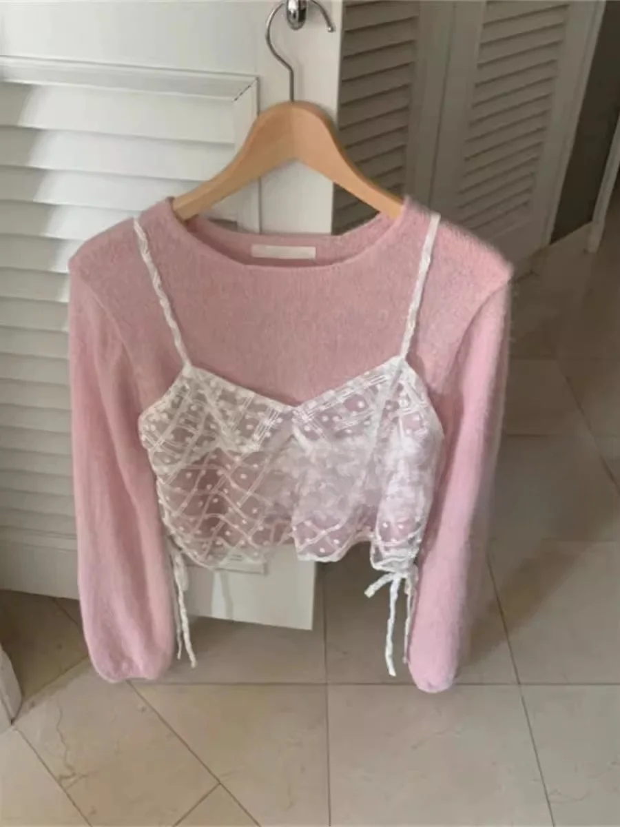 

Корейский кружевной вязаный комплект из топа и брюк: модный дизайн, комплект из двух предметов, длинный рукав, круглый вырез, без рукавов