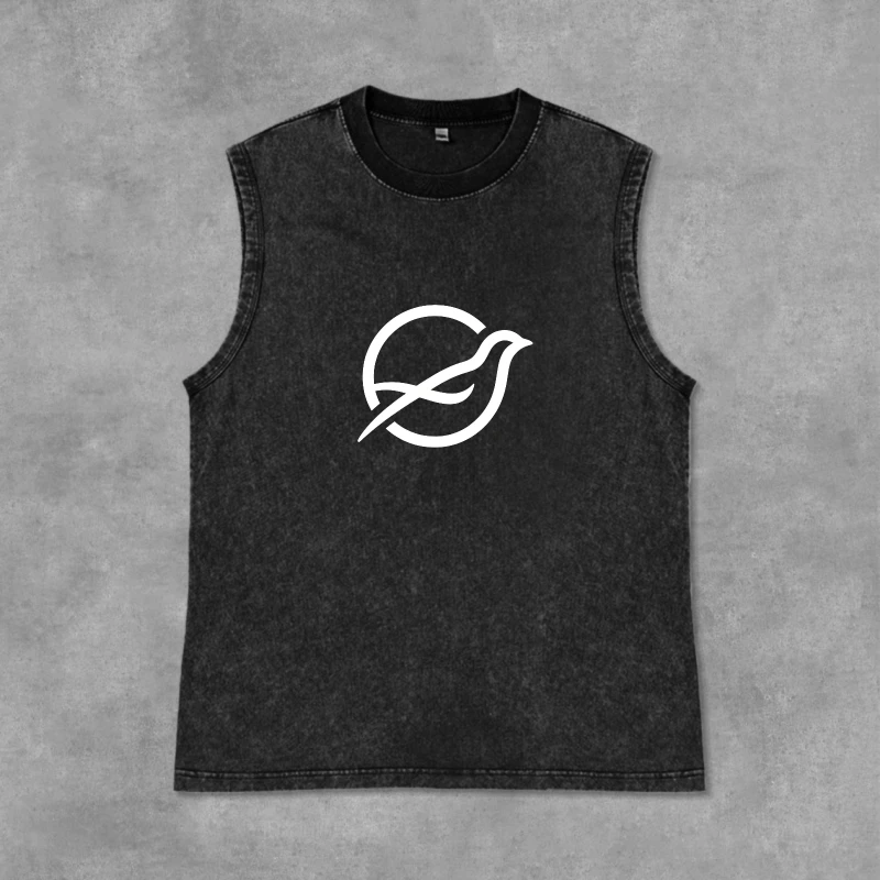 Men Minimal Bird‑Circle Acid‑Wash Tank Top Loose‑Fit Crew Neck Sleeveless T‑Shirt Streetwear Casual Harajuku Summer Gym Vest