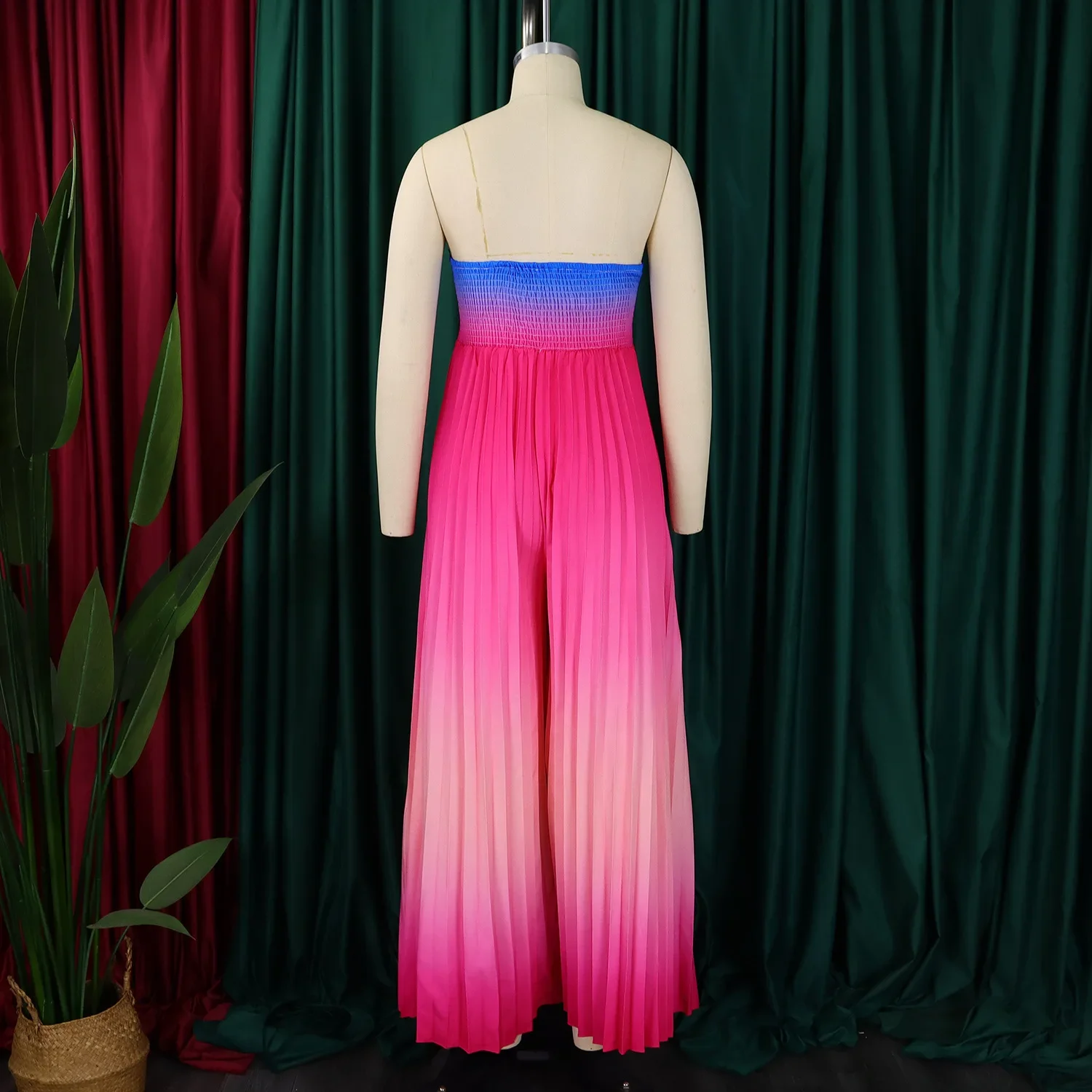 Women Gradient Sleeveless Pleated Strapless Wide Leg Long Jumpsuits 2024 Summer Beach Fashion Street Sexy Outfit Rompers