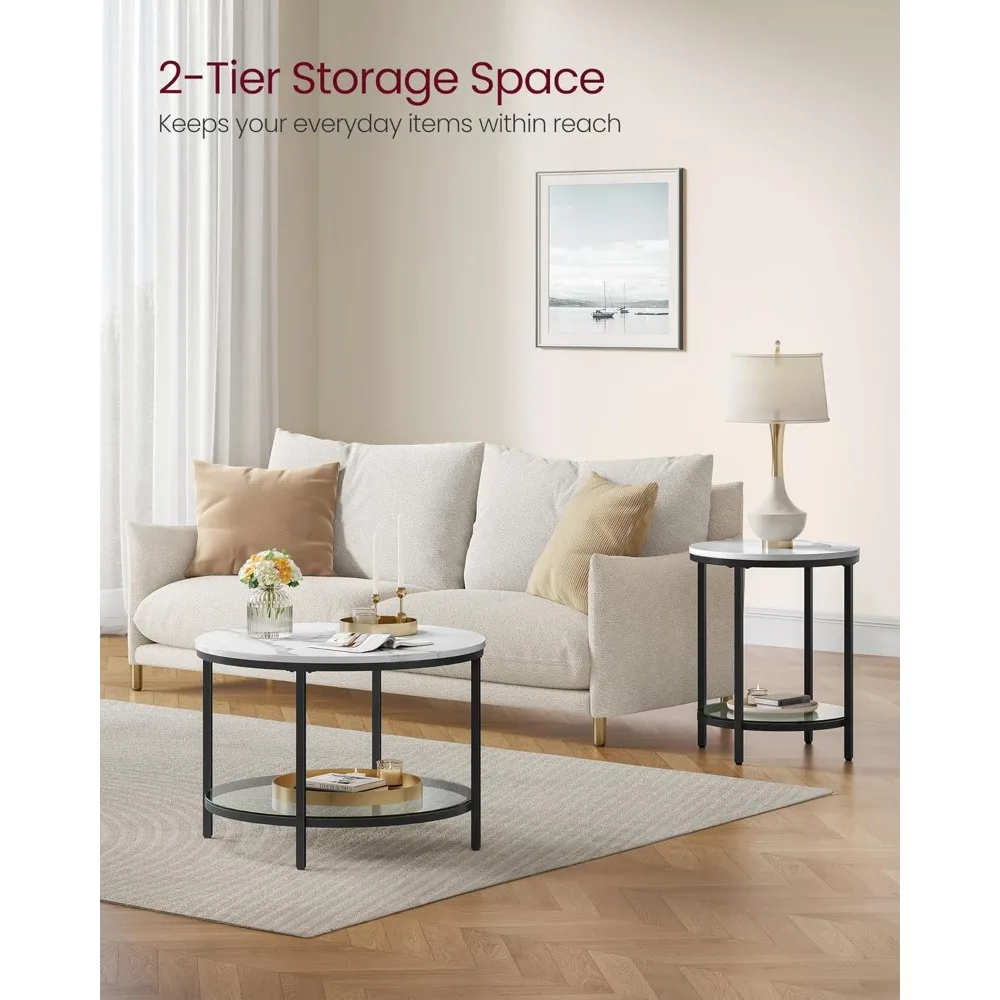 Tavolino da caffè contemporaneo a doppio livello con superficie in finto marmo e ripiano in vetro, adatto per il soggiorno, 25,6 pollici