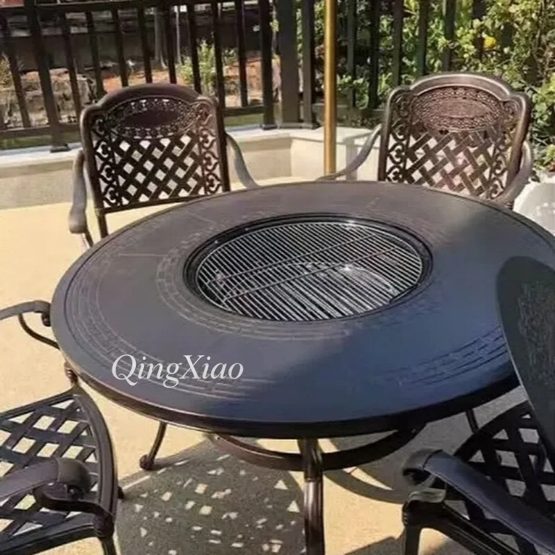 Outdoor Cast Aluminum Round BBQ Grill Dining Table Set 100CM Dual Purpose Barbecue Charcoal Grill Table Backyard  Furniture Set