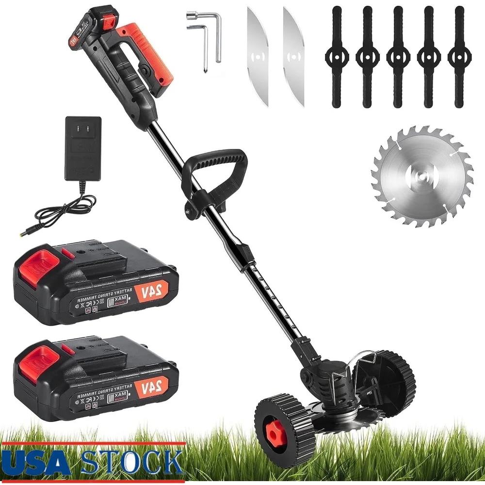 

Cordless Brush Cutter 24V Electric Lawn Mower with 2 Lithium Batteries 3 Types Blades Adjustable Cutting Angle Garden Yard